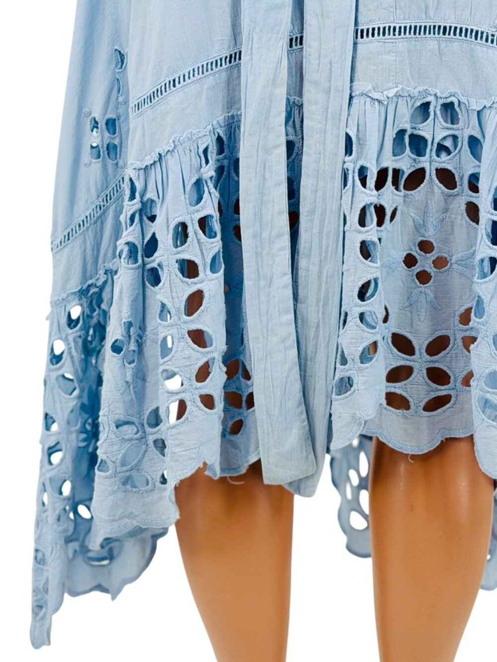 Free People Blue Eyelet Tie Waist Midi Wrap Skirt L | Coastal Boho Cottagecore - Picture 14 of 16